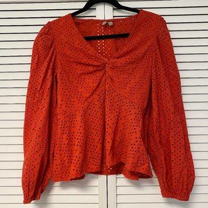 ASOS Red Eyelet Long Sleeve Knot Front Blouse